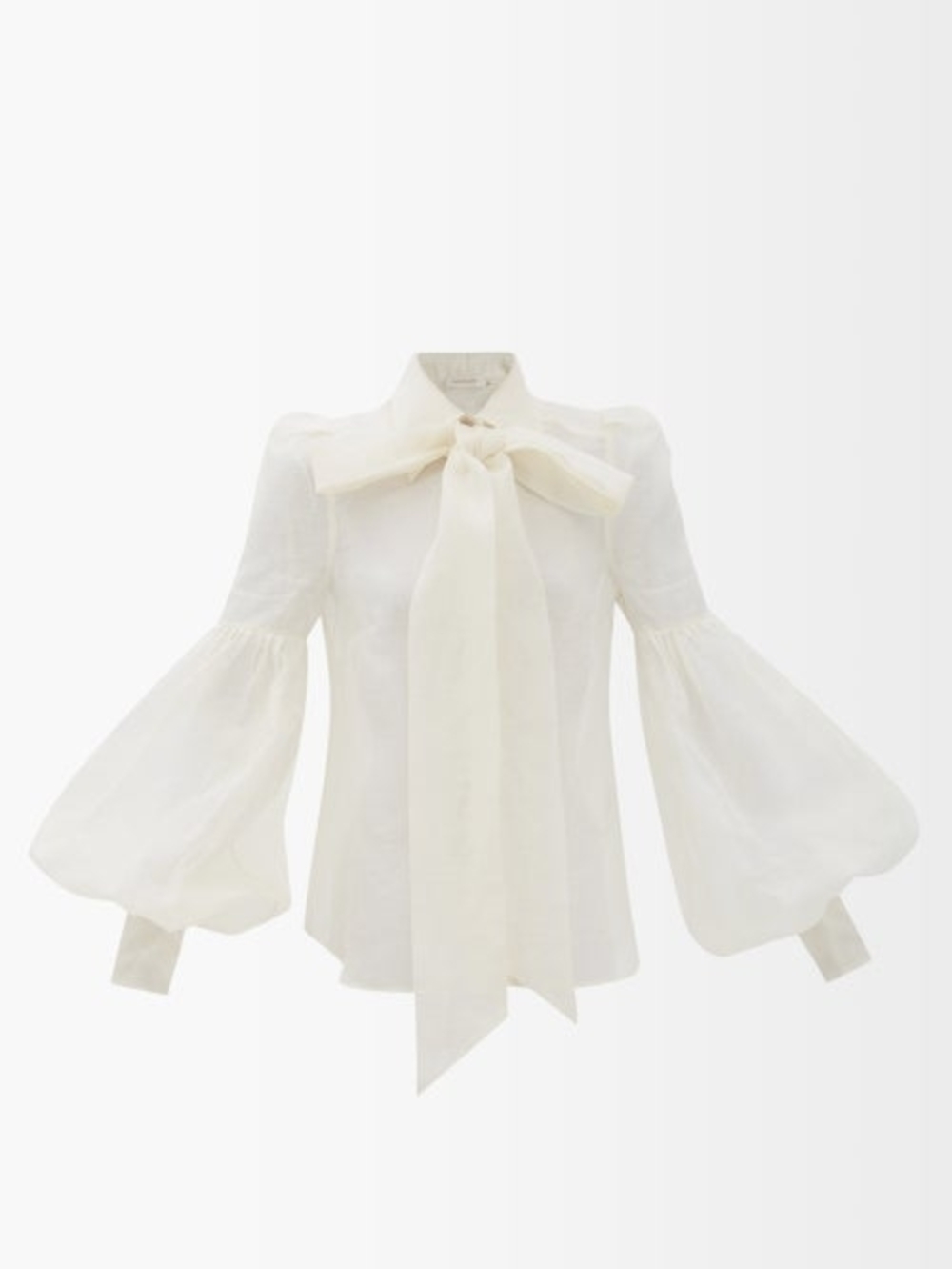 Zimmermann Cream Puff-Sleeve Tie-Neck Blouse